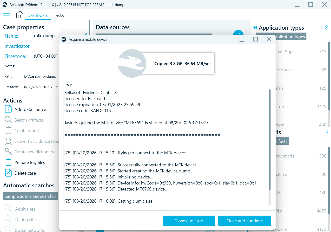 The Acquire mobile device dialog with the acquisition log showing the detected device details