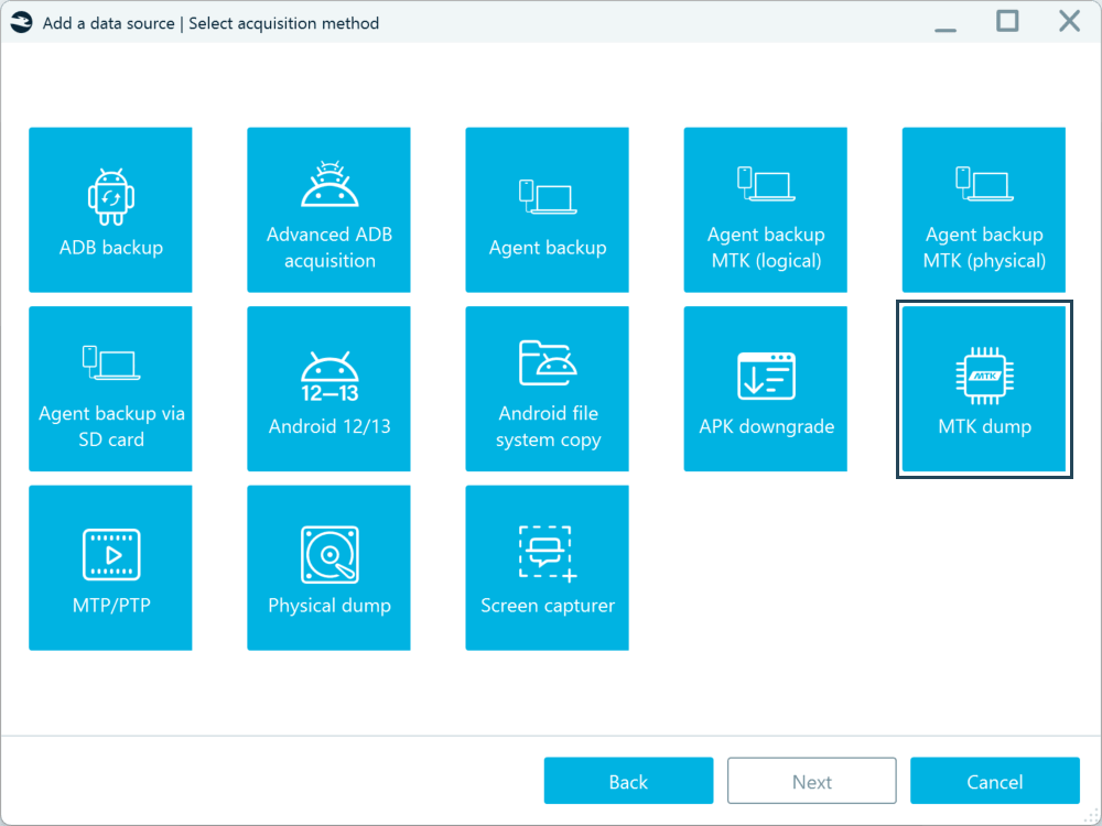 The Select acquisition method screen in Belkasoft X with the MTK dump method selected