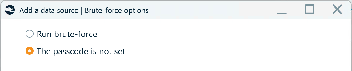 The Brute-force options window with the Passcode is not set option selected
