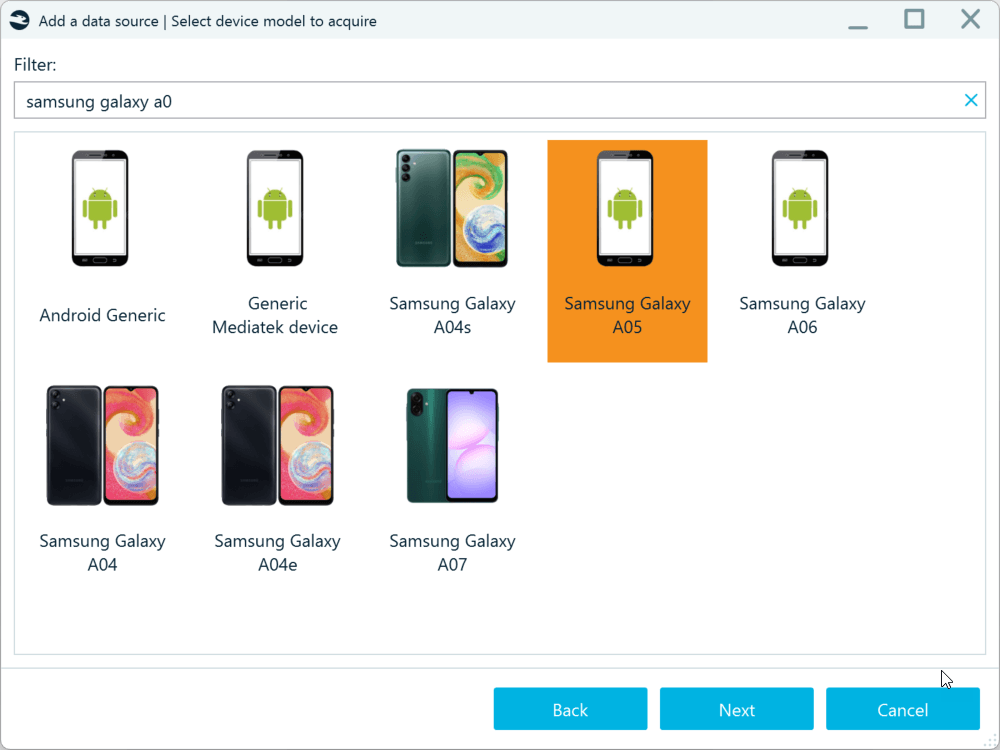 The Select device model to acquire dialog in Belkasoft X with the Samsung Galaxy A05 device selected