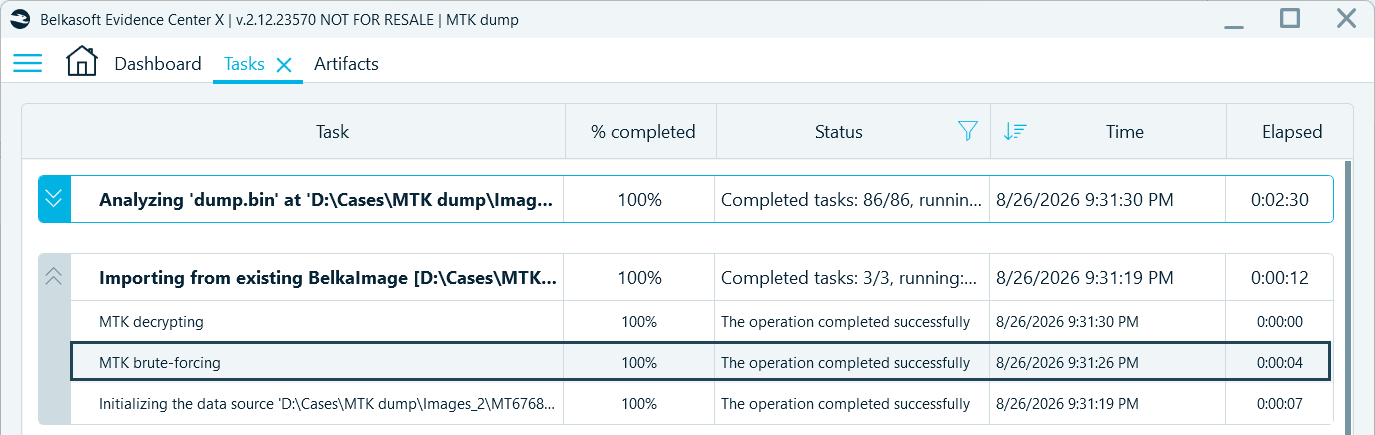 The Tasks window in Belkasoft X with the brute-force and decryption tasks completed successfully