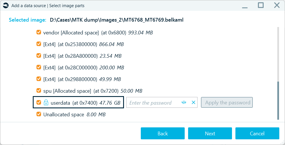 The Select image parts dialog in Belkasoft X with the userdata partition selected for brute-force