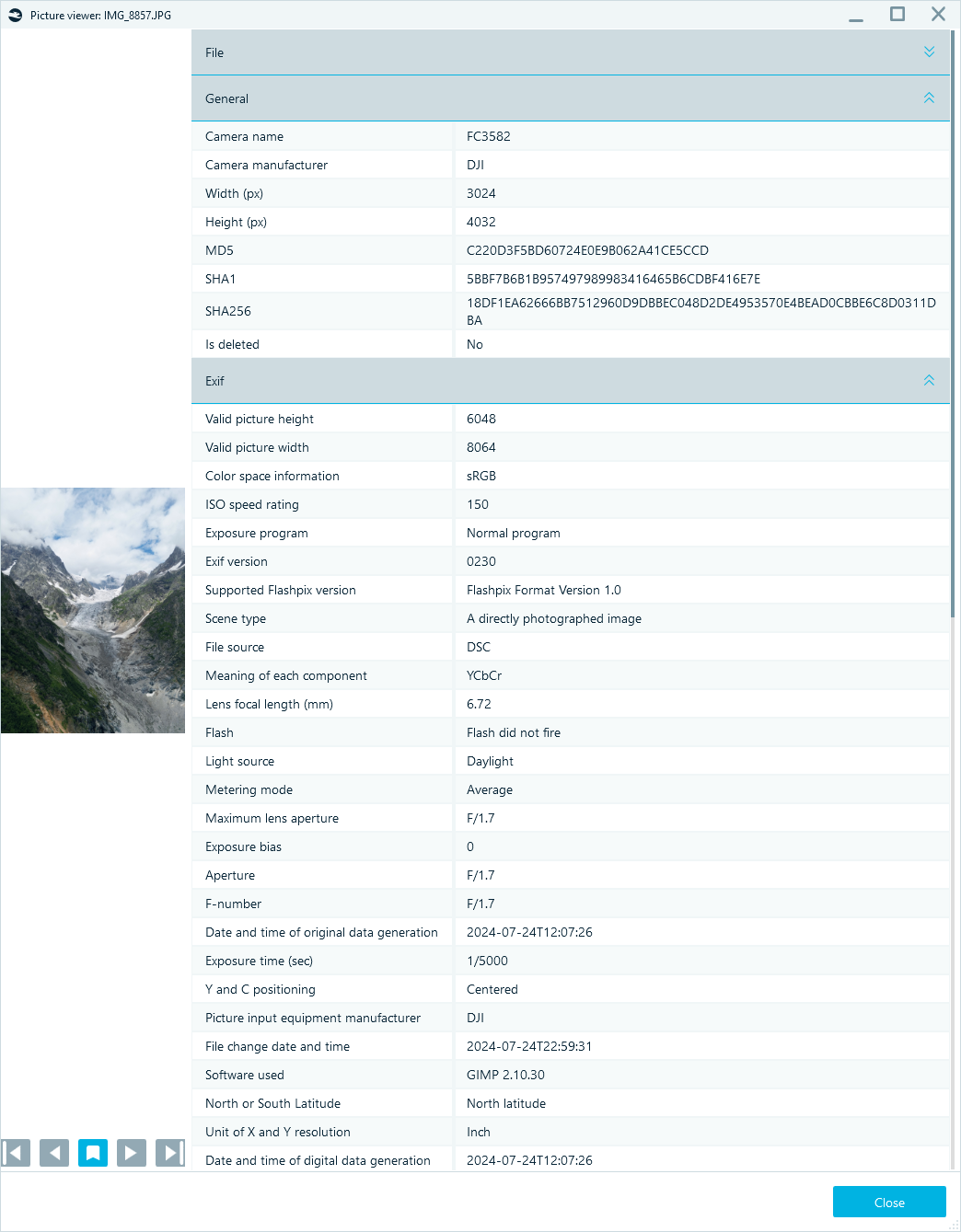 Picture viewer with EXIF data in Belkasoft X