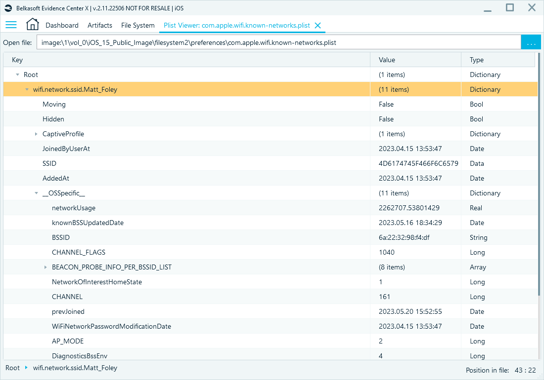 WiFi History .plist opened with Plist Viewer in Belkasoft X