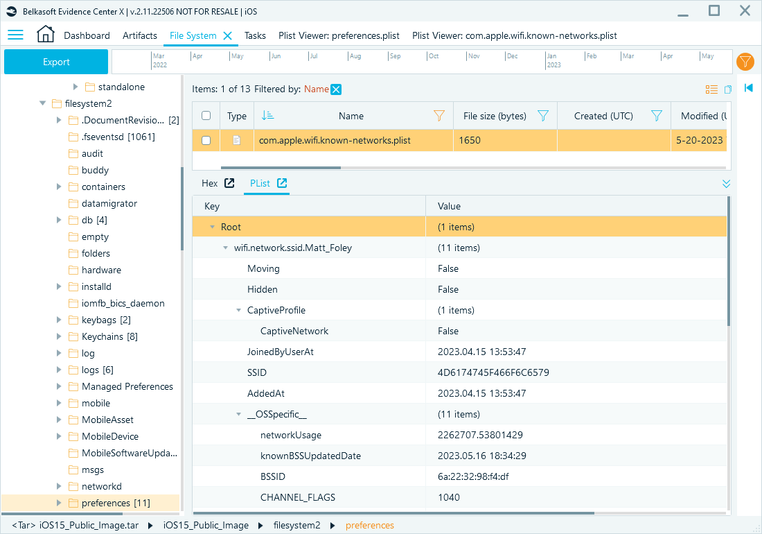 Plist Viewer opened from the File System window in Belkasoft X