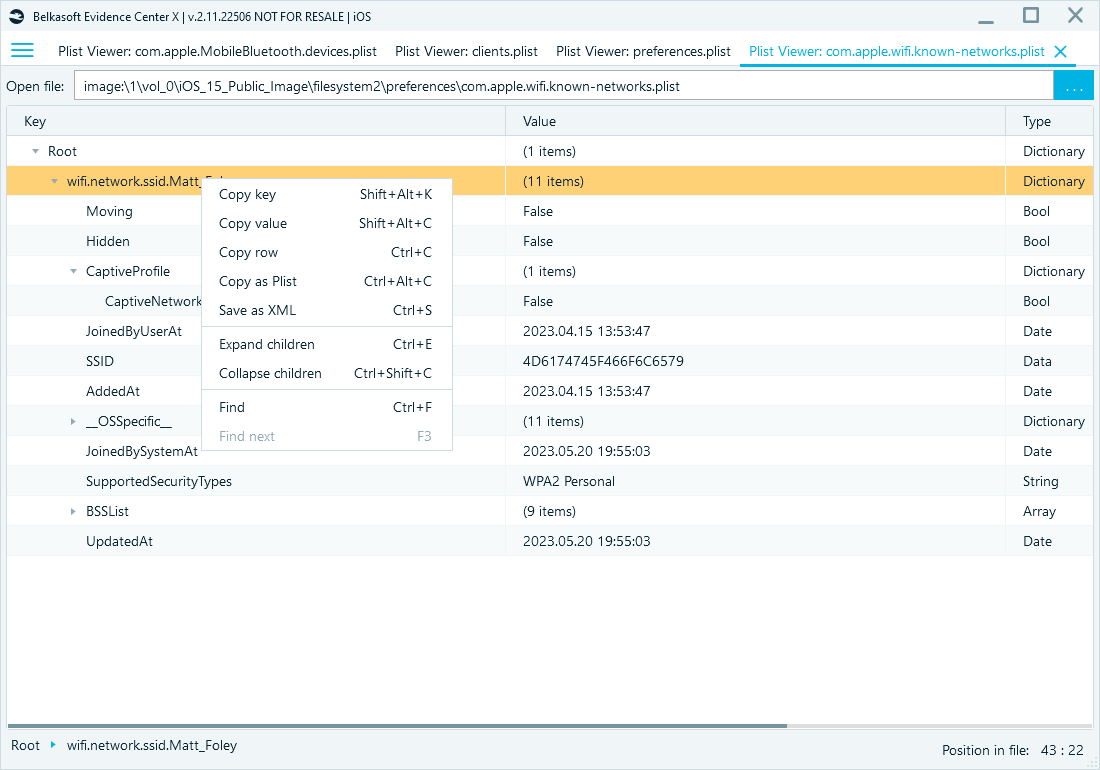 The right-click context menu in Belkasoft X Plist Viewer