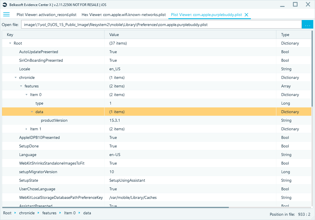 Device identity values recovered from a plist file and displayed in Belkasoft X