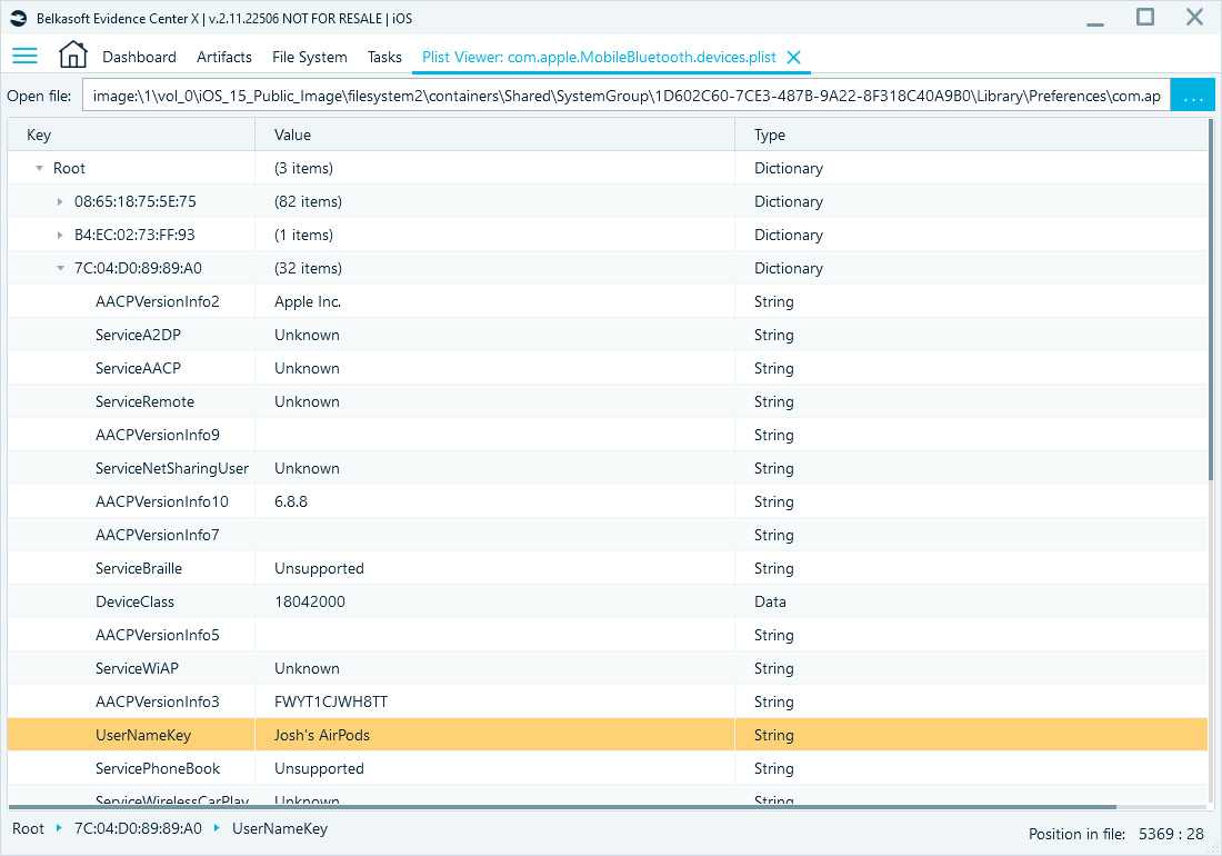 Known Bluetooth devices parsed from com.apple.Bluetooth.plist in Belkasoft X