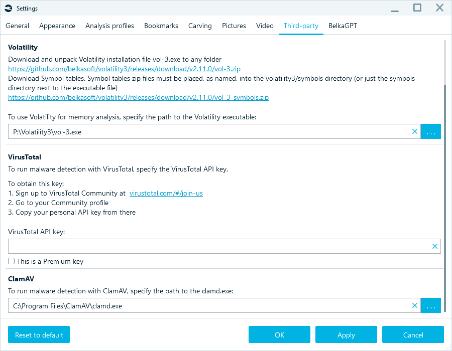Belkasoft X's Settings window with Volatility path specified