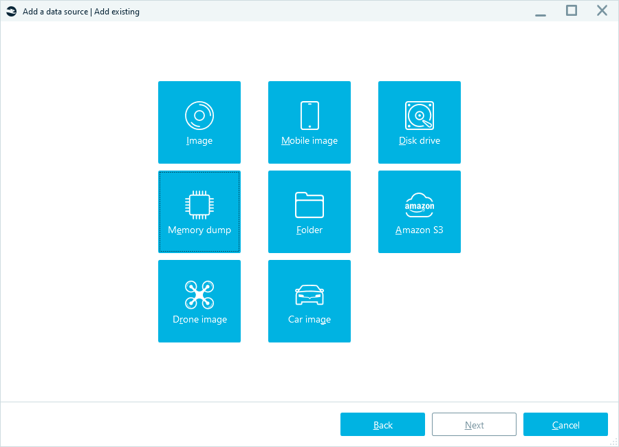 The Add existing window with the Memory dump option highlighted
