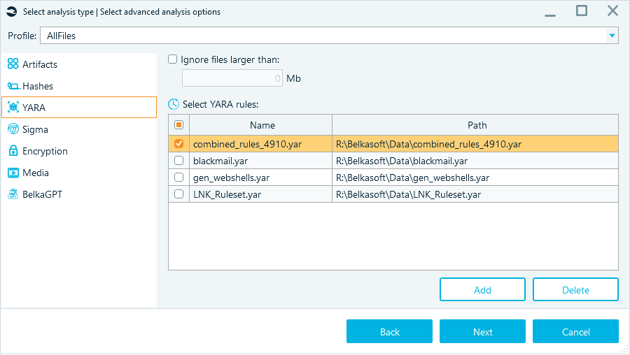 YARA rules settings in analysis options