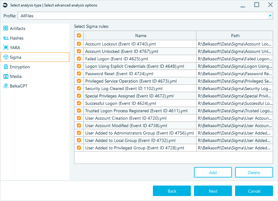 Sigma rules settings in analysis options