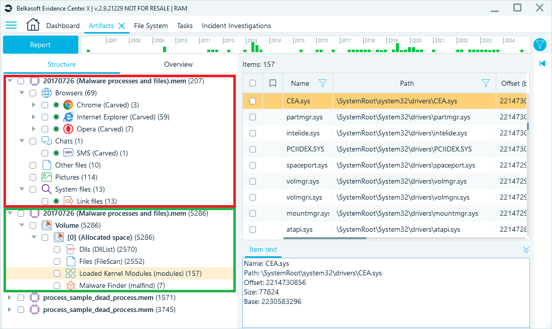 Artifacts window with Carved data outlined in red and Volatility results in green