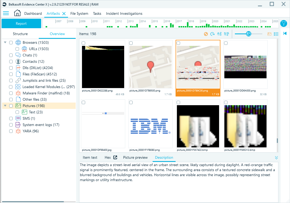 Artifacts window showing pictures carved from memory