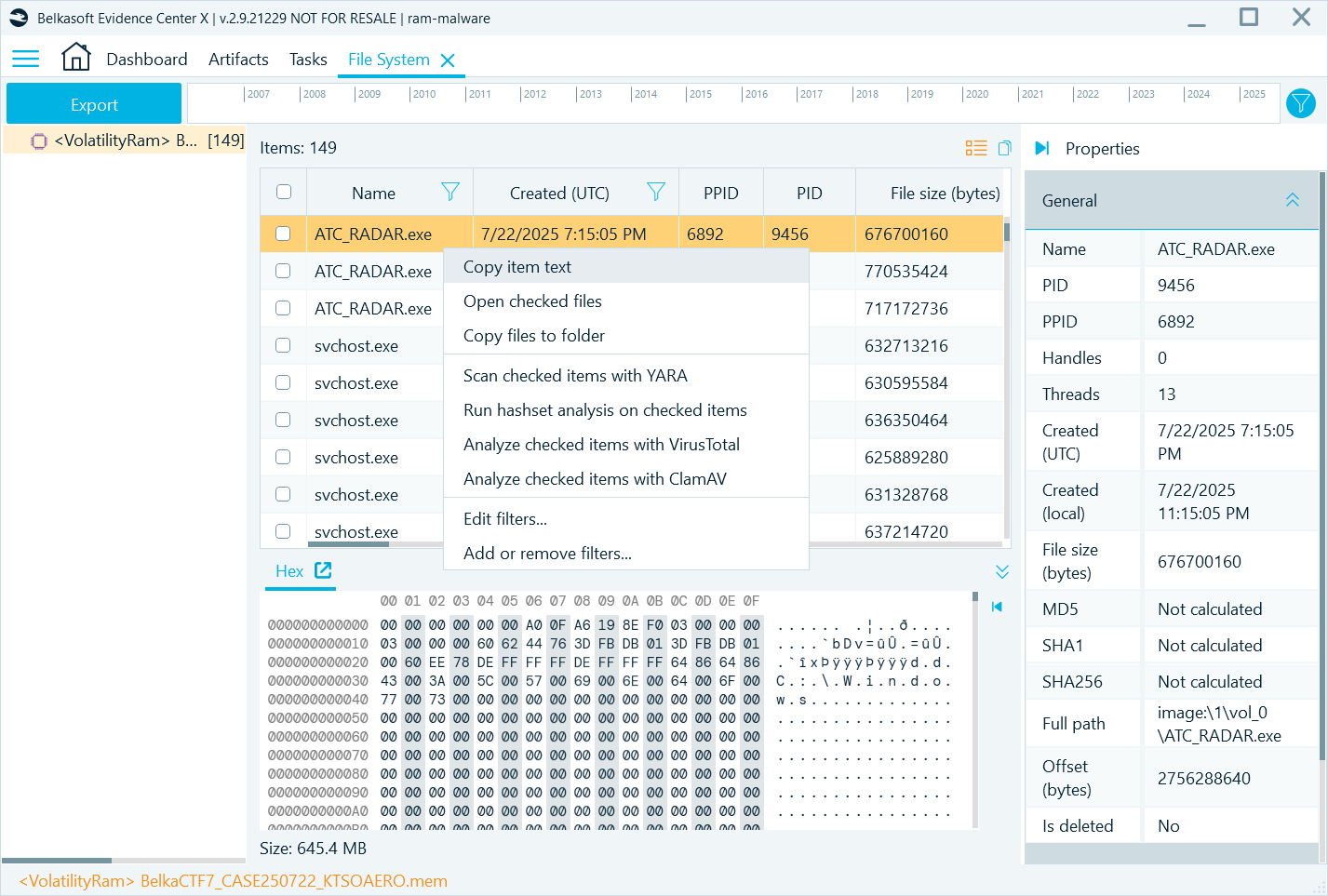 Processes retrieved for a memory dump in Belkasoft X