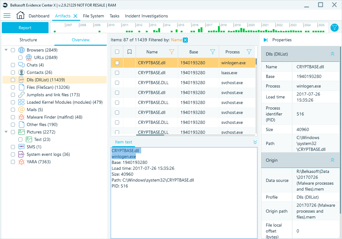 Artifacts window with highlighted cryptbase.dll in DLLs artifacts