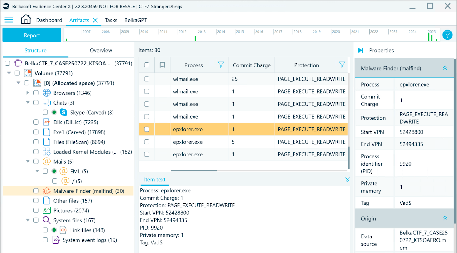 Processes retrieved by the malfind plugin, displayed in Belkasoft X