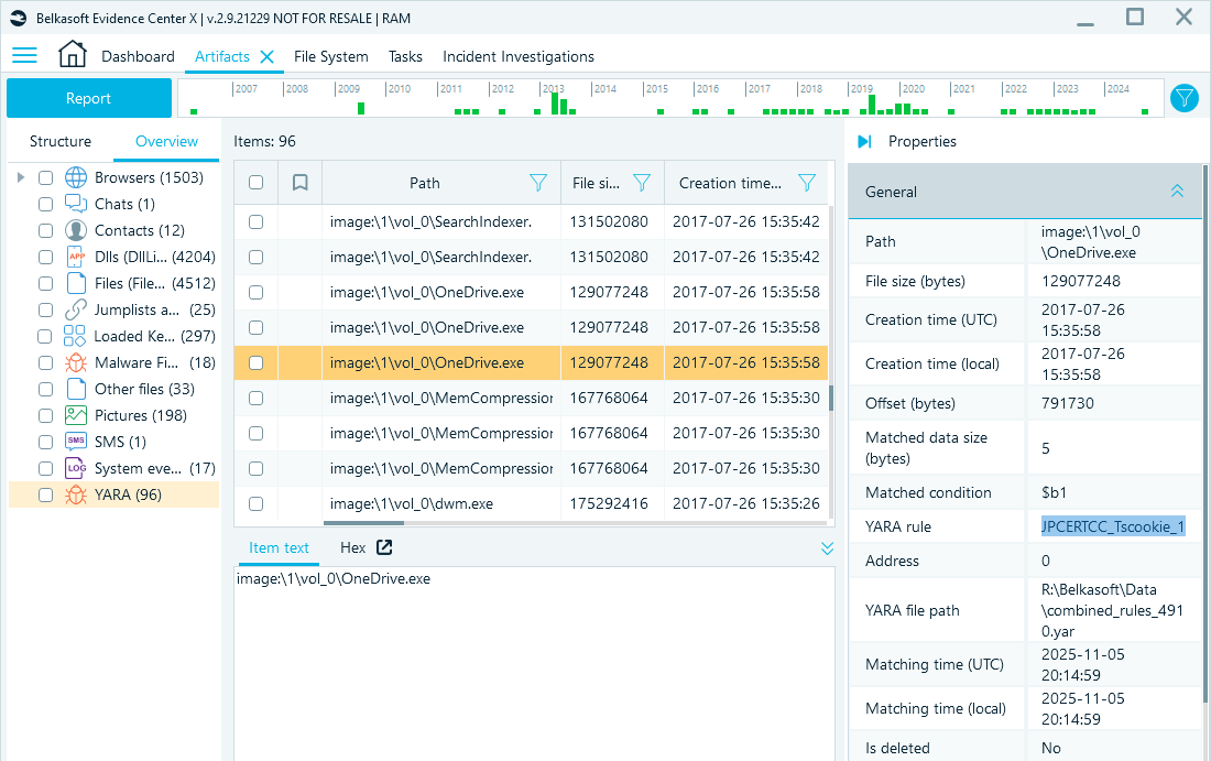 Artifacts window with a process flagged by a YARA rule