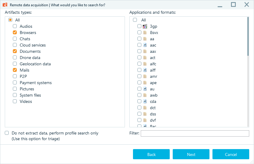 Artifact acquisition options window in Belkasoft R
