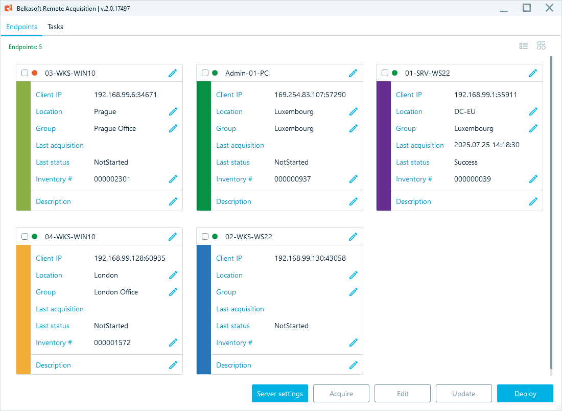 Belkasoft R Endpoints tab with five endpoints deployed