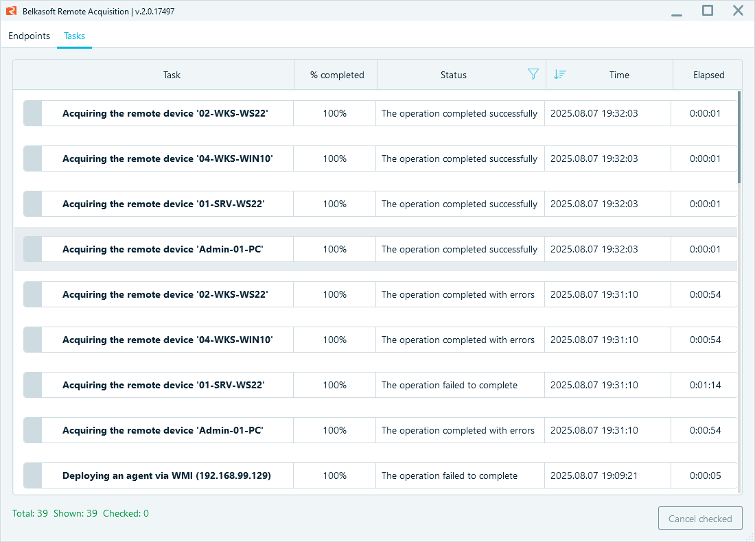 Belkasoft R tasks tab with various task completion statuses