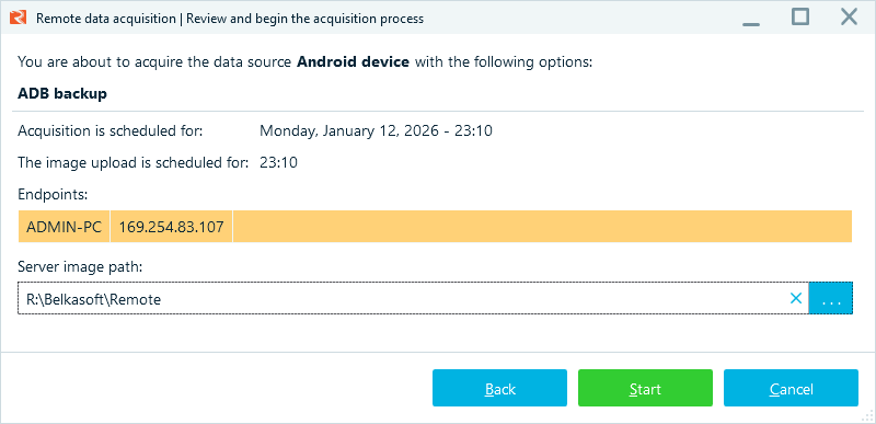 Server-side acquisition settings in the Belkasoft R window