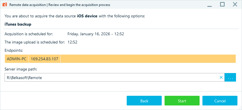 Server-side acquisition settings in the Belkasoft R window