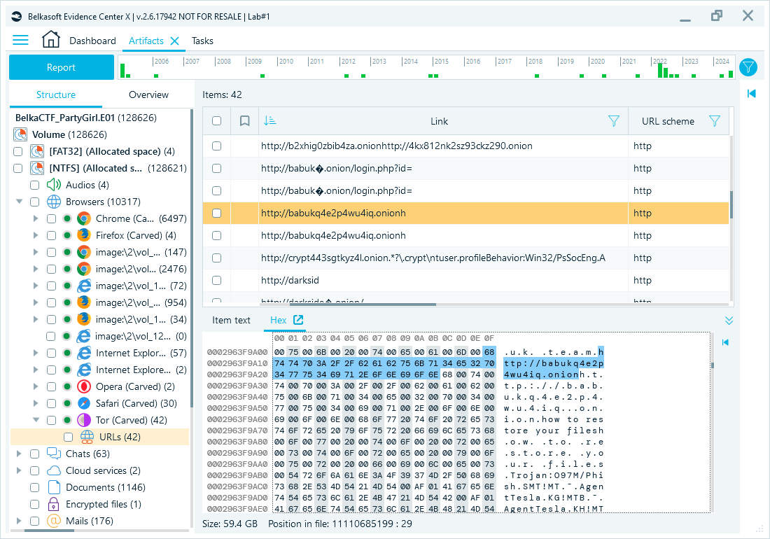 Screenshot of Tor Browser (Carved) artifacts in Belkasoft X