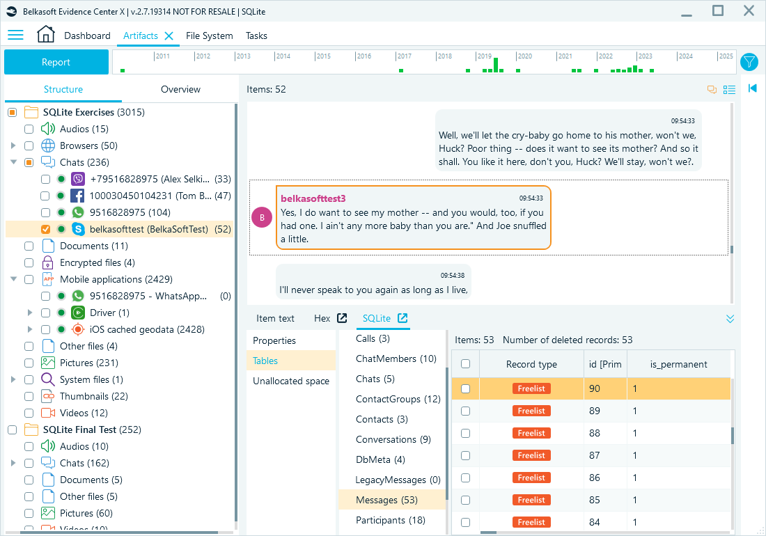 Belkasoft X's Artifacts window displaying a chat extracted from Skype