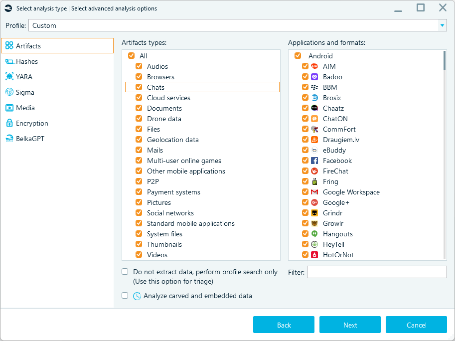 Data source analysis options in Belkasoft X