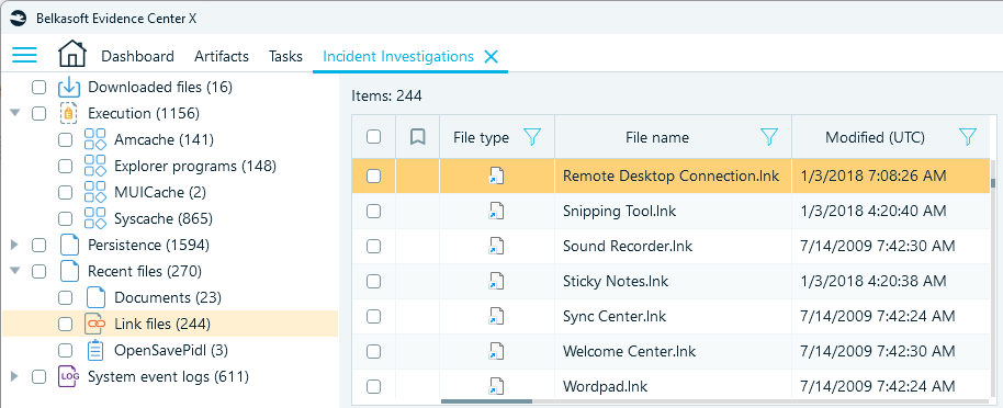Incident investigation artifacts in Belkasoft X