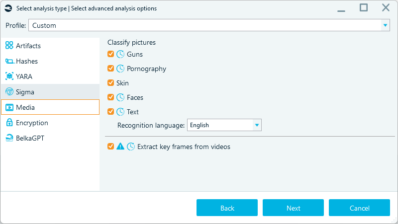 AI-powered media file analysis options in Belkasoft X