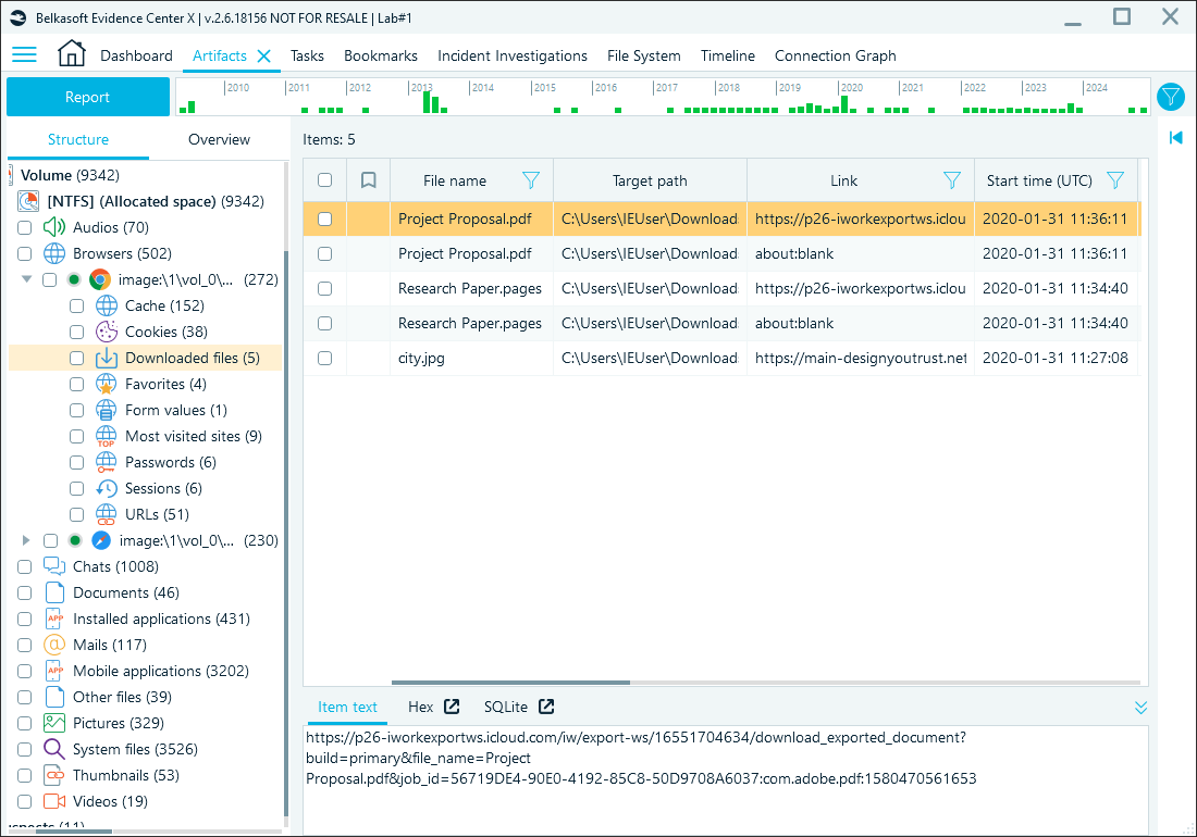 Belkasoft X window showing Downloaded files