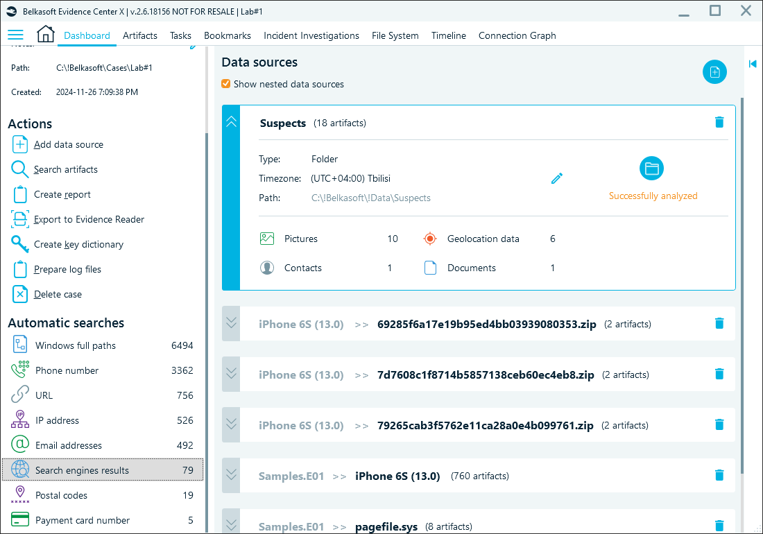 Belkasoft X's dashboard with browser-specific automatic searches