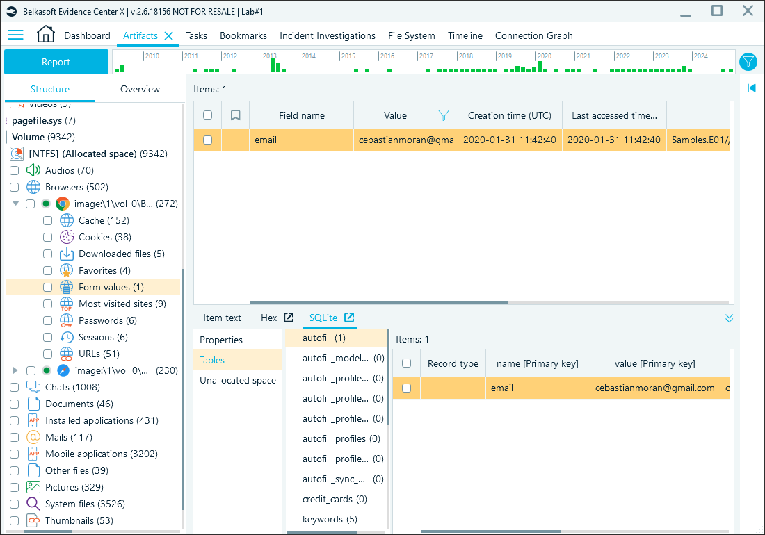 Browser form autofill values in SQLite viewer in Belkasoft X