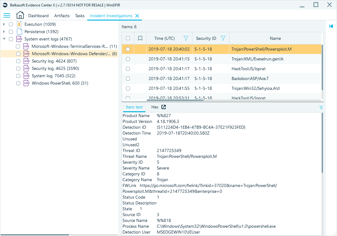 Reviewing Windows Defender logs in Belkasoft X's Incident Investigations window