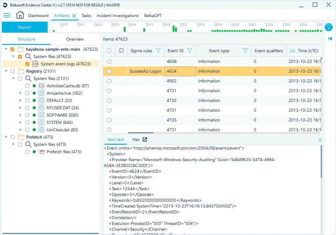 Belkasoft X's Artifacts window showing the System event logs node