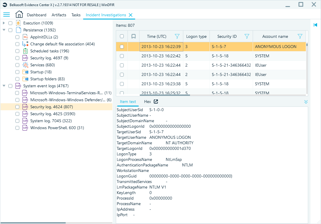 Incident Investigations window displaying successful logon events (Event ID 4624)