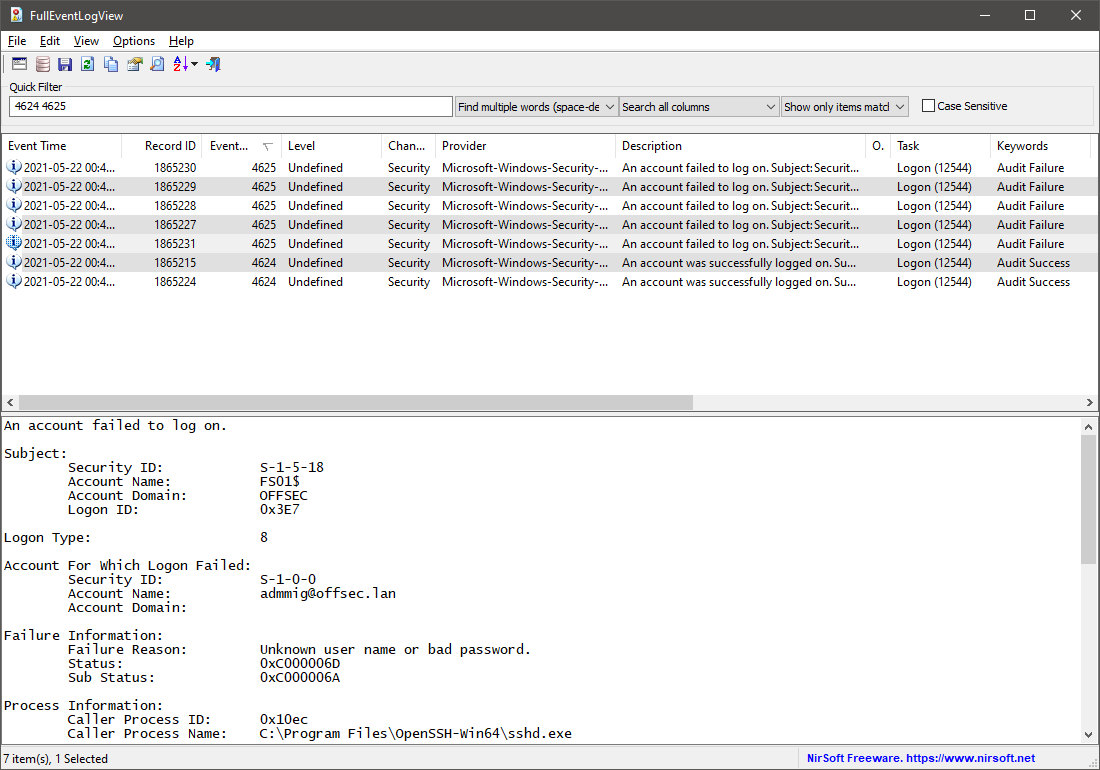 FullEventLogView showing Event IDs 4624 and 4625