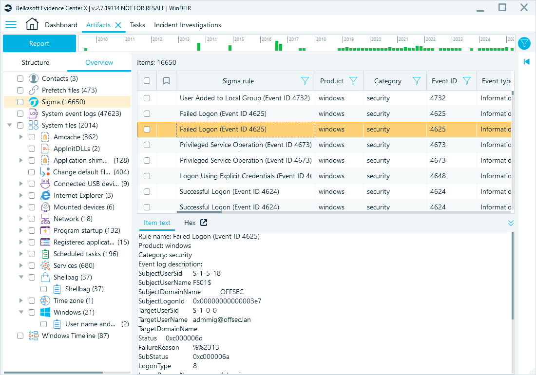 Overview tab with matches for Sigma rules