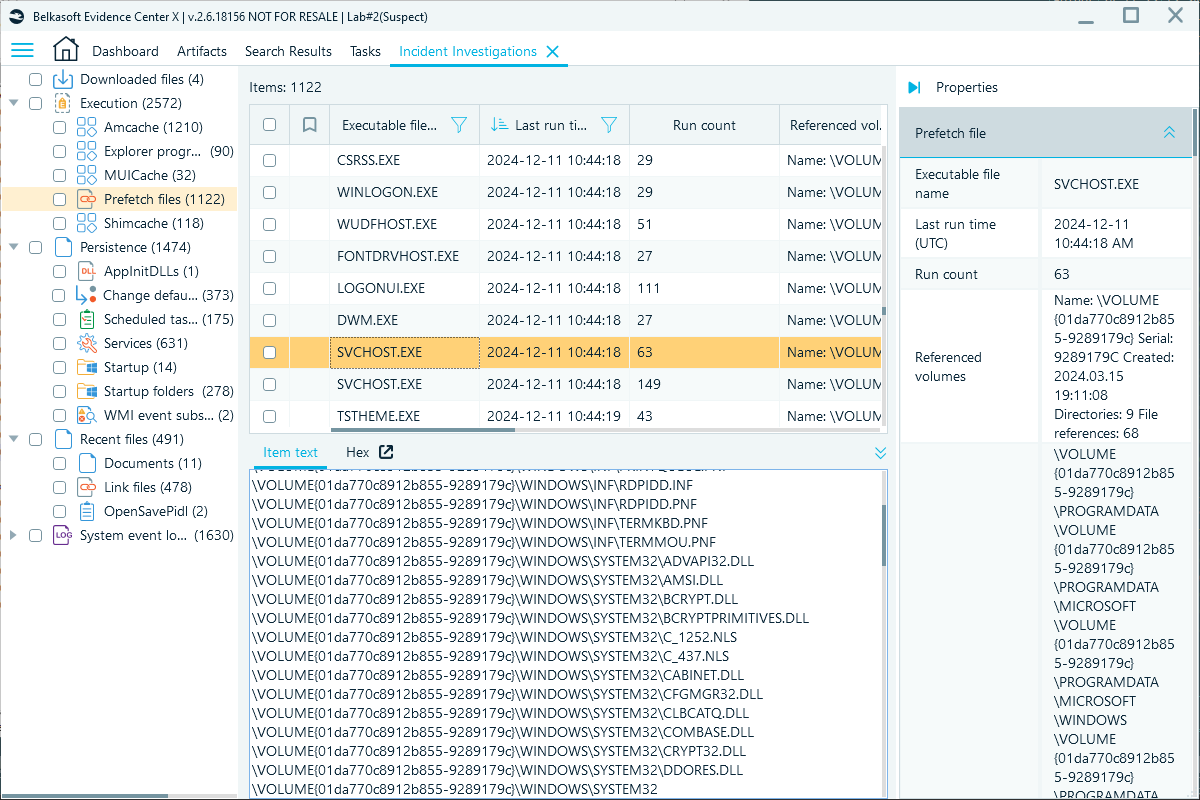 Belkasoft X window showing contents of the Prefetch files profile