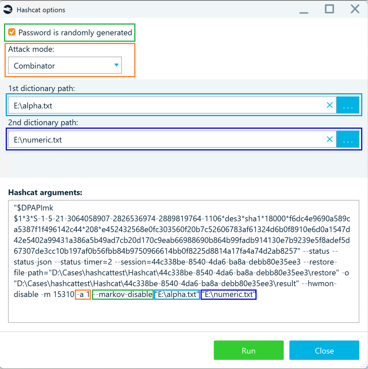 Hashcat options with the corresponding entries highlighted in the Hashcat arguments field