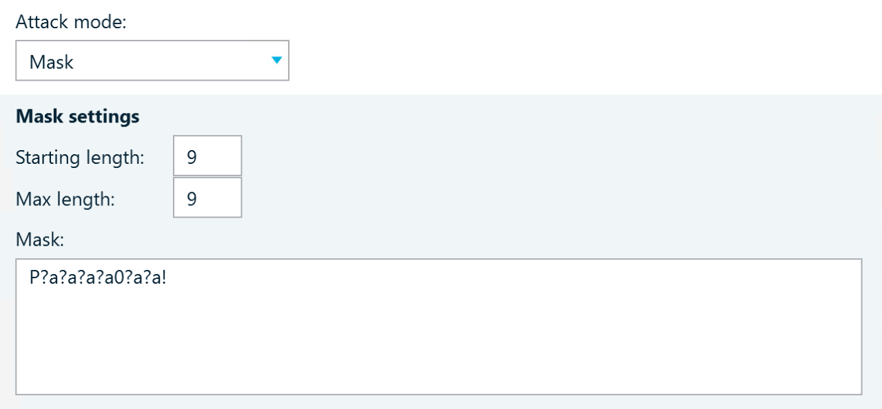 An example of a hashcat mask for a password brute-force attack