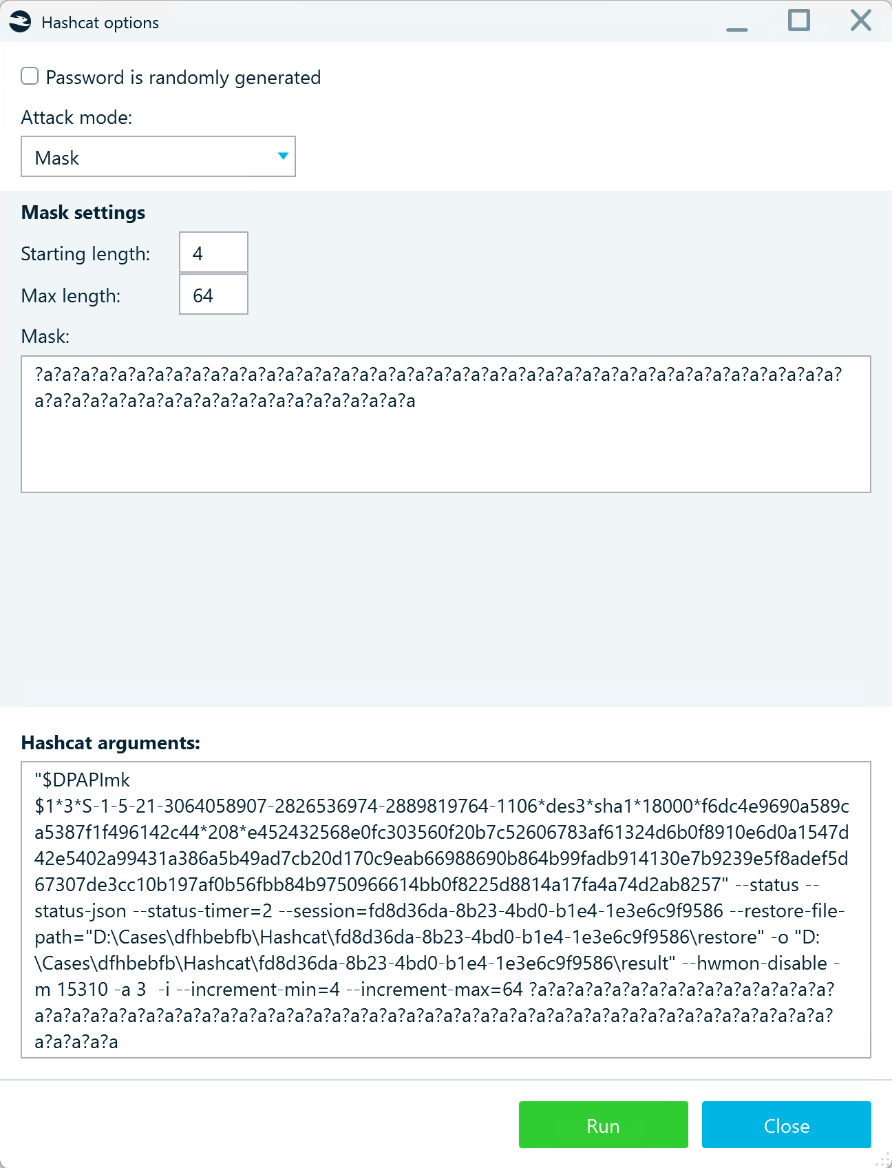 Hashcat brute-force options in Belkasoft X