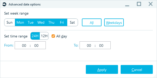 The Advanced date options window allowing filtering events by specific time ranges and days of the week