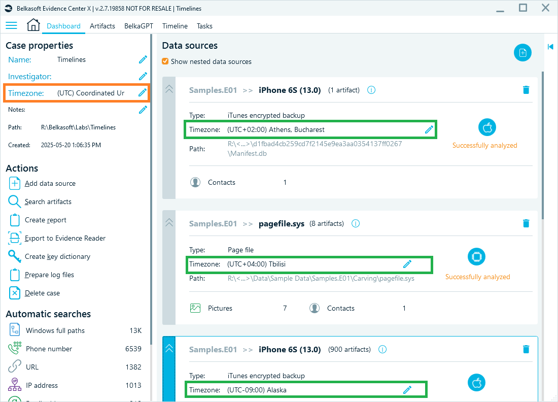 Belkasoft X's Dashboard with highlighted timezone setting fields