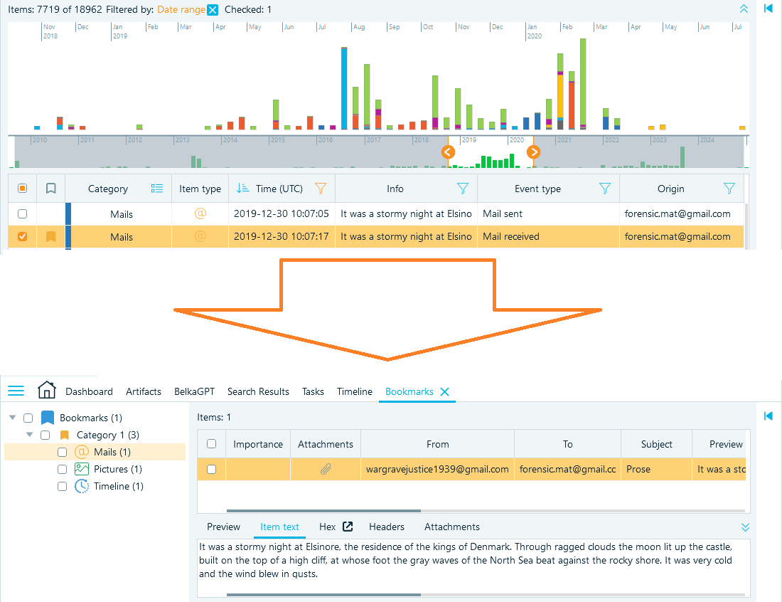 Screenshots demonstrating how Belkasoft X creates bookmarks for timeline events and their source artifacts
